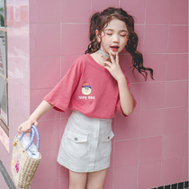 Foreign girl spring and summer suit 2021 New Korean short skirt T-shirt fashion childrens two-piece medium-size child