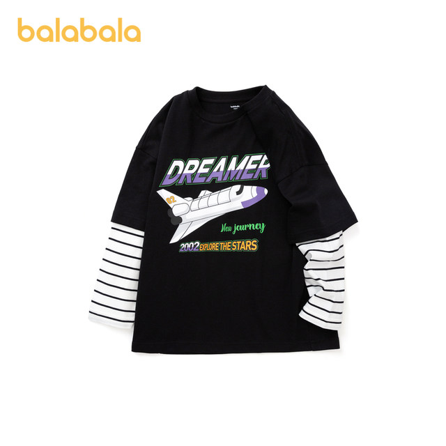 ເດັກນ້ອຍຜູ້ຊາຍ Balabala ແຂນຍາວ T-shirt ເດັກນ້ອຍປອມສອງສິ້ນຝ້າຍບໍລິສຸດຂະຫນາດກາງແລະຂະຫນາດໃຫຍ່ tops ເດັກນ້ອຍ 2024 ພາກຮຽນ spring ເຄື່ອງນຸ່ງເດັກນ້ອຍໃຫມ່