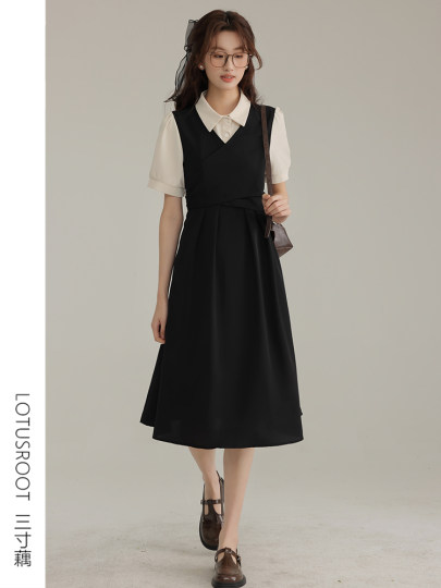 [3inch Lotus Root] Summer Postgraduate Entrance Examination Re-Examination Short-Sleeved Dress Female Preppy Style Black Teaching Shirt Skirt Waist