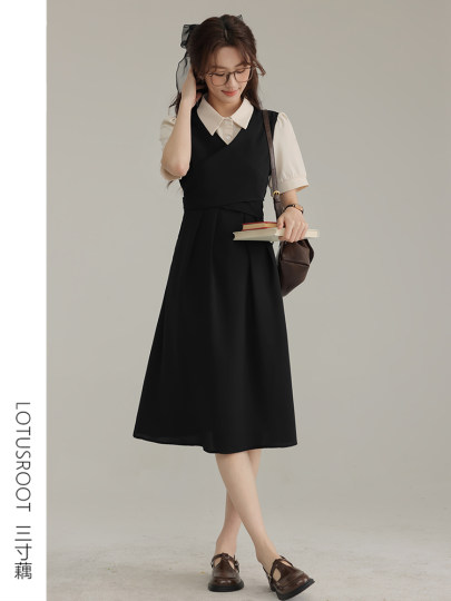 [3inch Lotus Root] Summer Postgraduate Entrance Examination Re-Examination Short-Sleeved Dress Female Preppy Style Black Teaching Shirt Skirt Waist