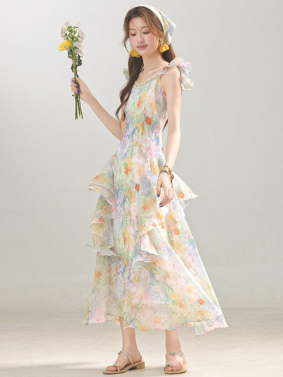 3inch Lotus [Blooming Sea of Flowers] French-Style Stunning Oil Painting Floral Dress, New Summer Vacation Style Long Dress