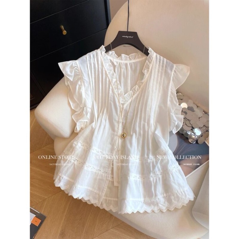 Korean-Style Lace Ruffle V-Neck Short-Sleeve Blouse for Women, 2026 Summer, Plus Size, Fashionable and Versatile Top