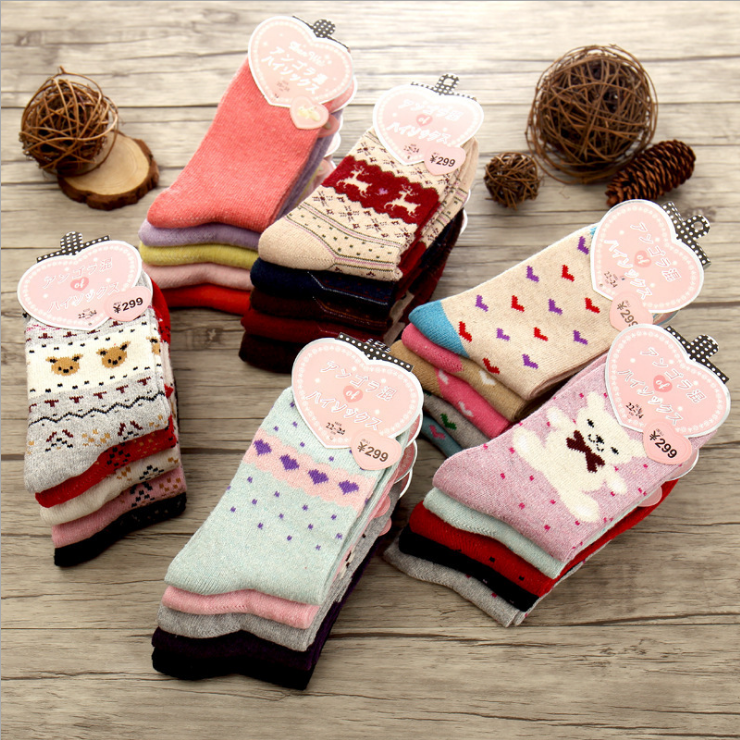 10 Double autumn winter socks thickened female midbarrel cotton socks pure color Korean version little frescoed college windy winter