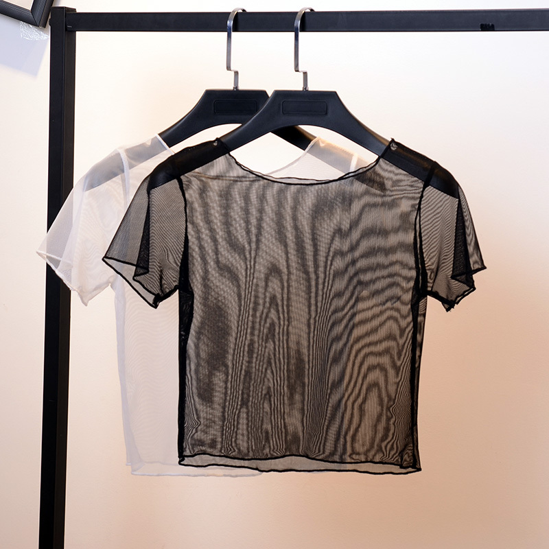 22 Summer and Autumn Base Layer Shirt for Women, Korean Style Versatile Short-Sleeve T-Shirt Top, Lace Inner Layer with Mesh Overlay, Sun Protection Shirt
