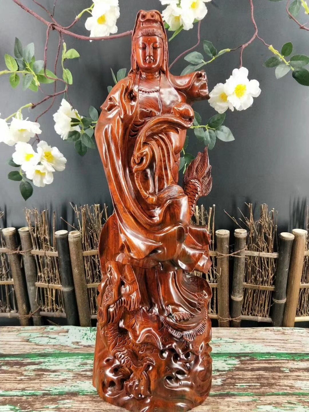 Flower pears wood carving auspicious dragon Ruyi Guanyin statue Statue Buddha Statue of the Buddha Town Residence House dedicated to the new Pendulum Ware Gift