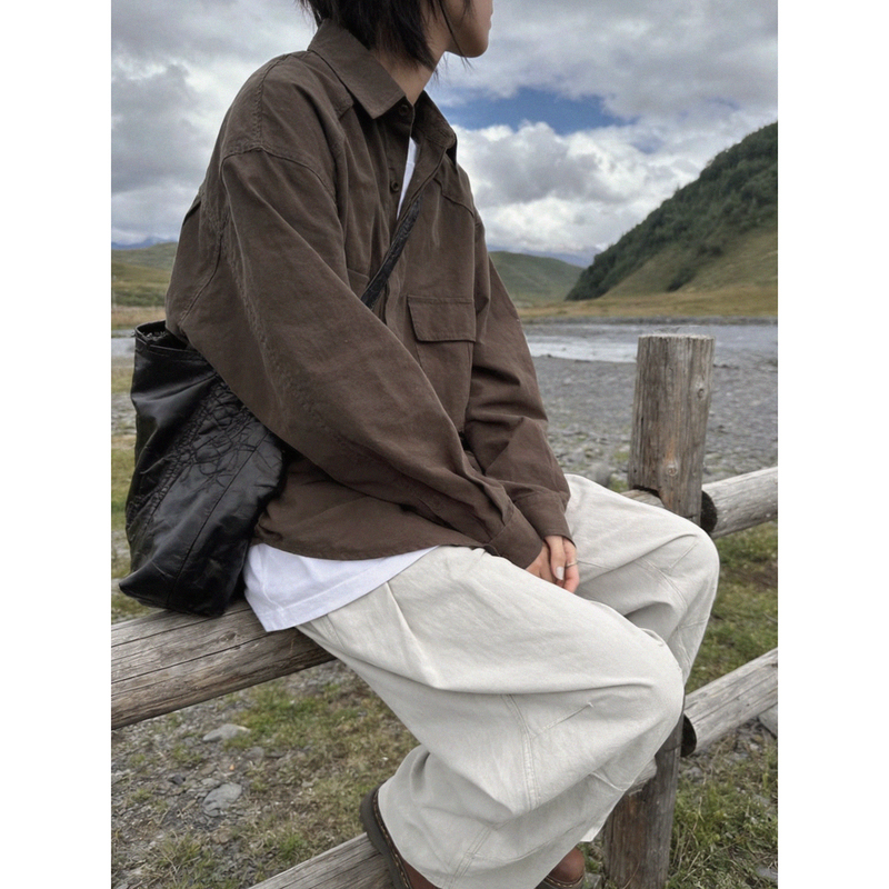American Retro Brown Workwear Long-Sleeved Shirt, Loose and Versatile for Autumn, Casual and Refreshing, Youthful Style Shirt