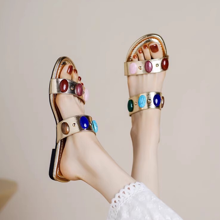 【Italy】Mariaconti ⭐ Flat-Soled~ Dopamine Gemstone Flat-Heeled Hand-Sewn Shoes Genuine Leather Slippers
