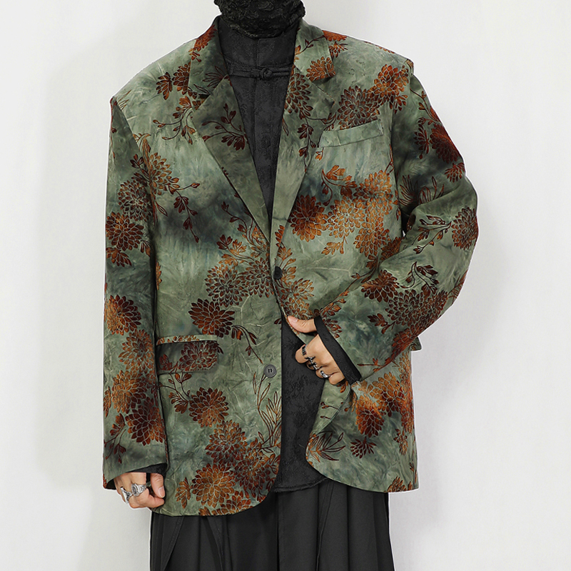 2025 Spring New Green Suit Jacket Men's Large Size New Chinese Style Floral Flocking Loose Small Suit Jacket