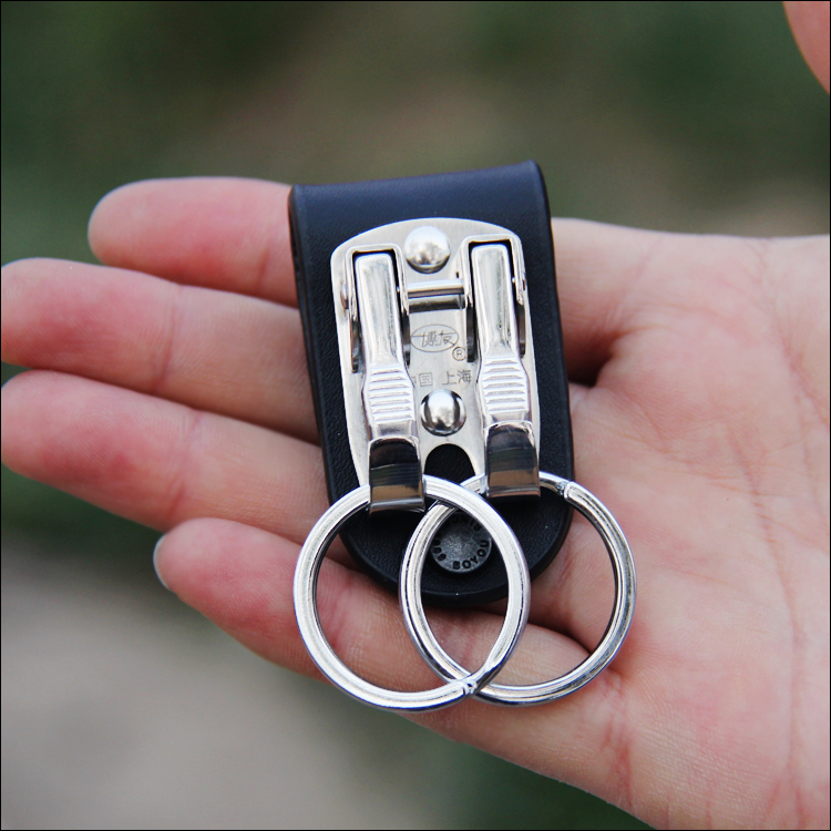 Boyou friendly wearing leather strap key buckle cow leather stainless steel waist hanging key chain men's double ring key ring buckle pendant-Taobao