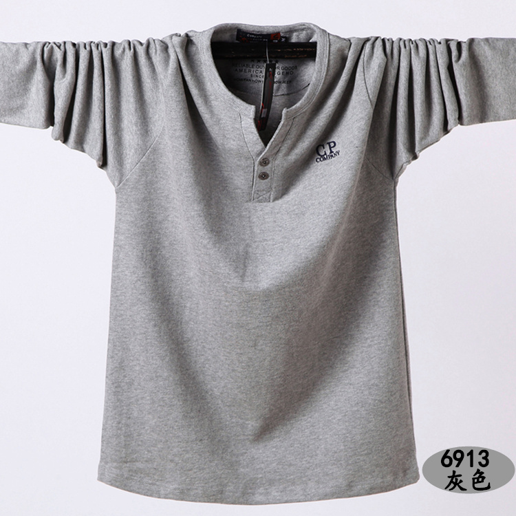 Mùa thu đông mới áo thun cotton cổ chữ V dài cổ rộng, áo thun dài tay cộng với phân bón XL chất béo thể thao nam quần áo thu đông nam