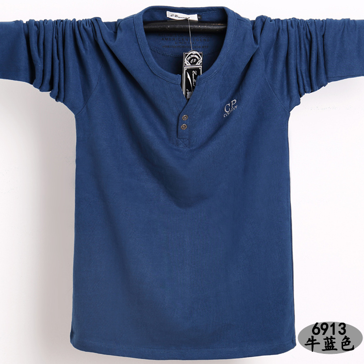Mùa thu đông mới áo thun cotton cổ chữ V dài cổ rộng, áo thun dài tay cộng với phân bón XL chất béo thể thao nam quần áo thu đông nam