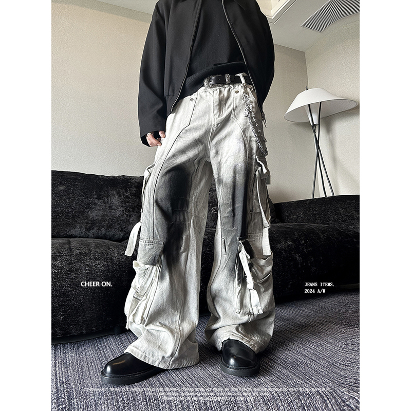 Cheer on China Vibe High Street Design Ink-Splattered Dirty Effect Ribbon White Denim Unisex Work Pants