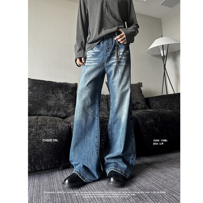Cheer on China American-Style Summer Clear Sky Blue Retro Niche Whiskered Jeans Unisex Pants Couple Pants