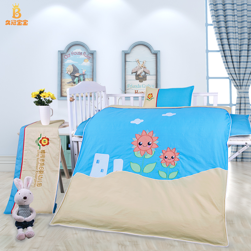 Long crown baby Kindergarten cloth stickup embroidered quilted with three sets of pure cotton flower bedding