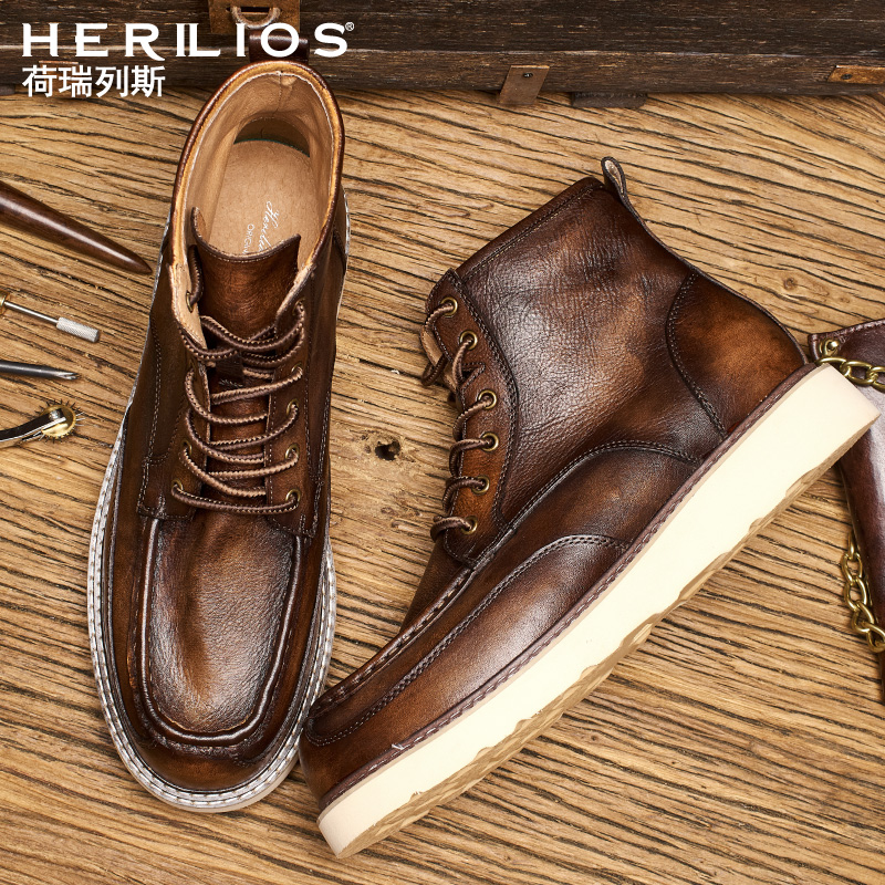 Ammerclick American Retro Genuine Leather Tooling Boots High Drum Thick Bottom Inellenty Wind Medium Cylinder Tide Cards Short Face Martin Men Boots