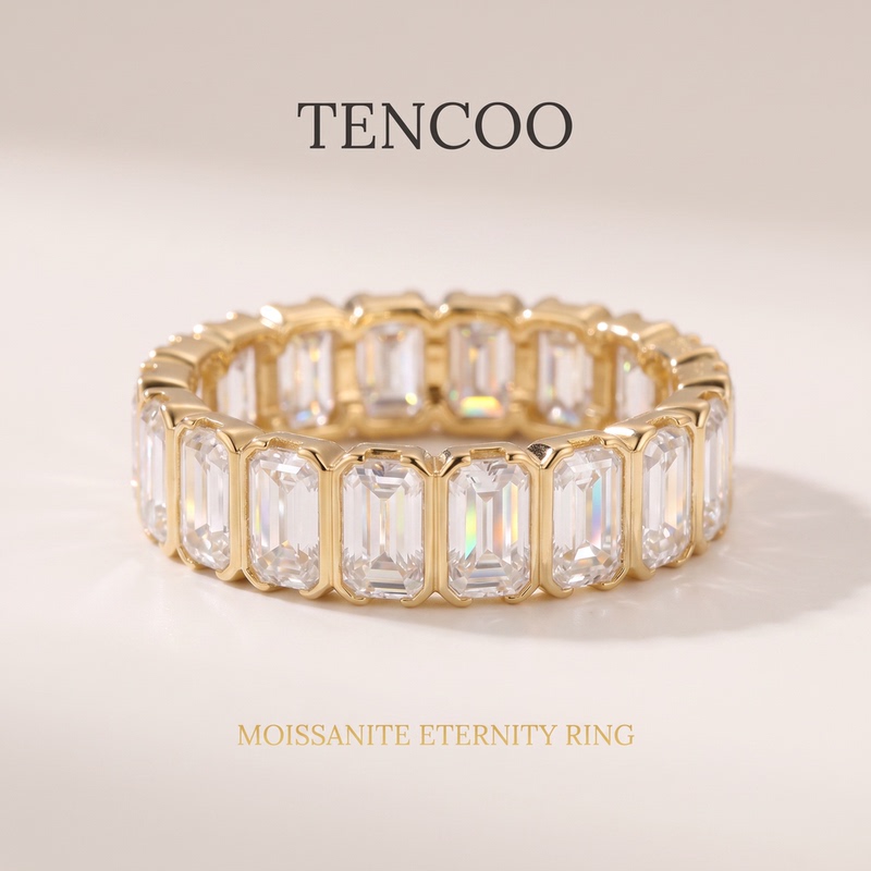 Tencoo【Eternal Promise】Emerald Cut Moissanite Ring Full Circle Ring for Women, Light Luxury and High-End Feel
