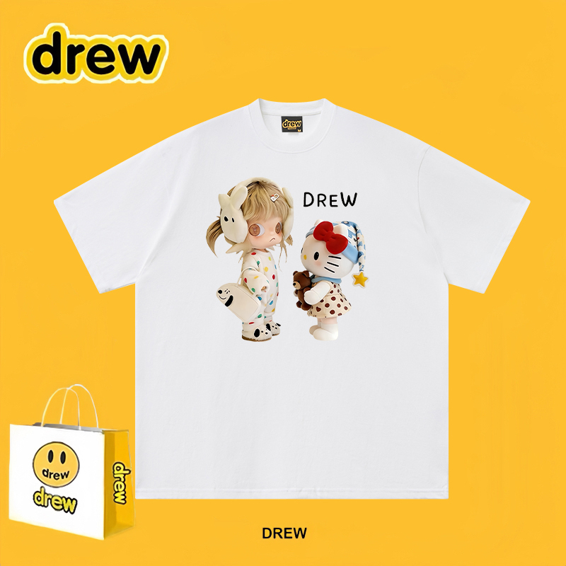 Drew American Style Trendy Brand Girl and Kitty Cartoon Print Short-Sleeved T-Shirt for Men and Women, Loose Fit, Couple Summer Round Neck
