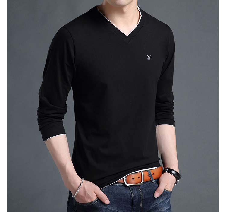 Playboy Mùa thu Thanh niên nam Áo thun cotton dài tay Áo thun nam cổ chữ V áo thun nam cao cấp