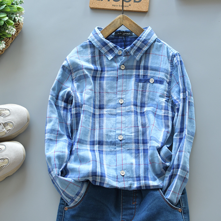 Children's plaid cotton gauze shirt big boy boy casual soft cotton lapel large plaid shirt long sleeve