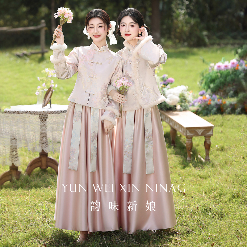 Chinese-Style Bridesmaid Dresses 2026 New Model with Added Fleece, Champagne Color, National Style, High-End Long-Sleeve Engagement Dresses