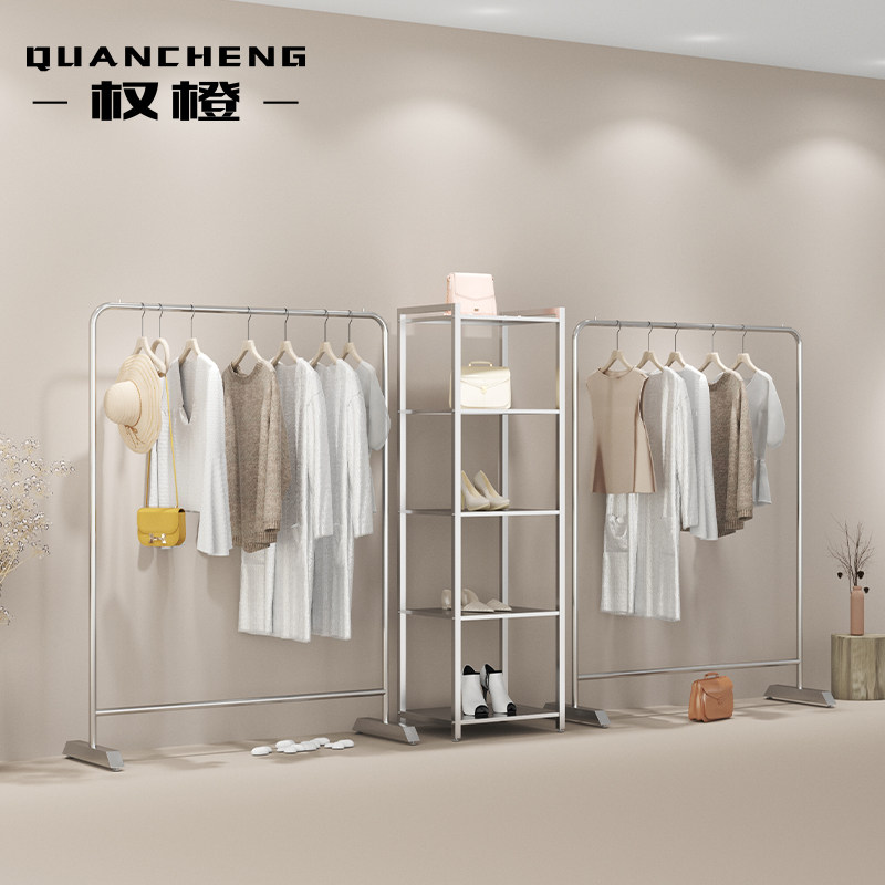 Clothing store display rack display rack floor-standing stainless steel titanium silver brushed hanging clothes rack light luxury women's clothing store shelves