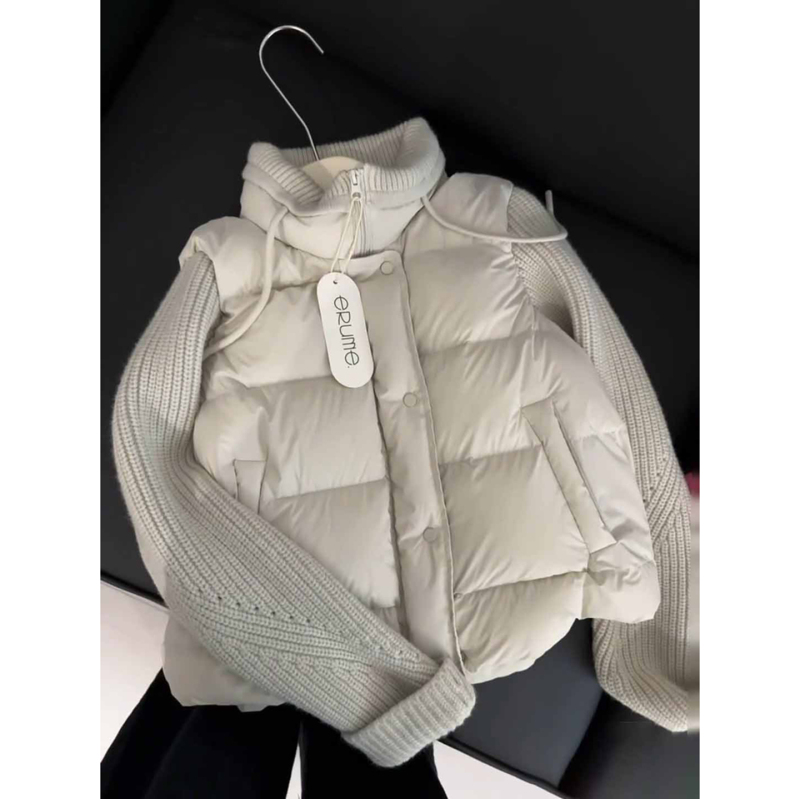 Korean Knitted Patchwork Lightweight Ribbed down Jacket for Women, Winter 2025 New Sweater, Faux Two-Piece White Duck down Coat