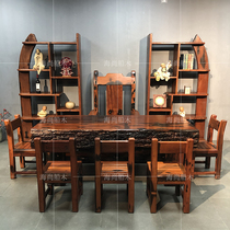 Old ship wood desk log tea table and chairs combined high-end solid wood tea table Gongfu tea table office table suit integrated