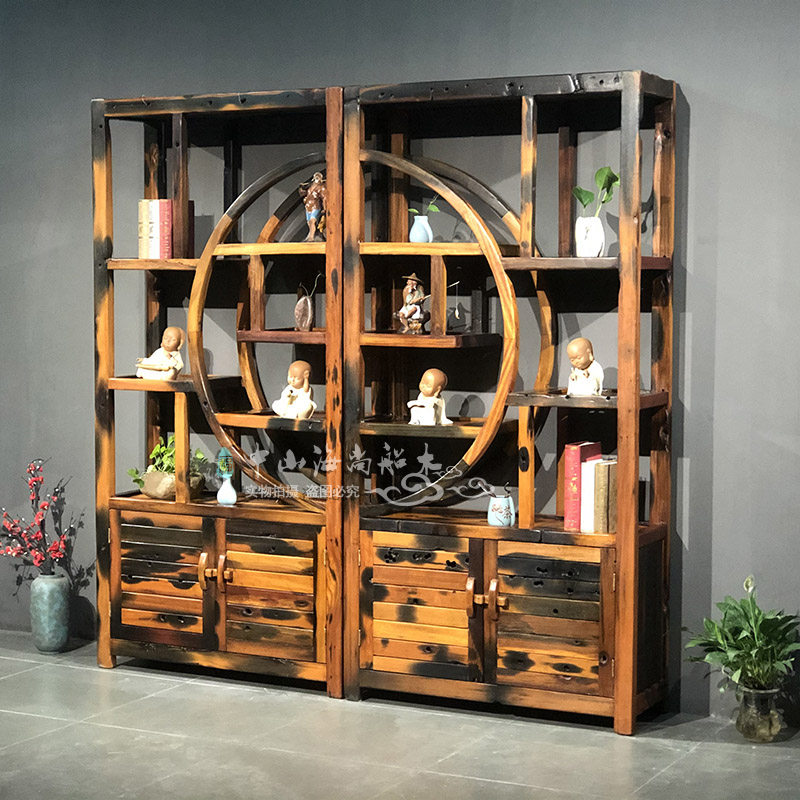 Old boat wood reunion Bogu frame round solid wood new Chinese tea display cabinet tea room partition living room Duobao Pavilion