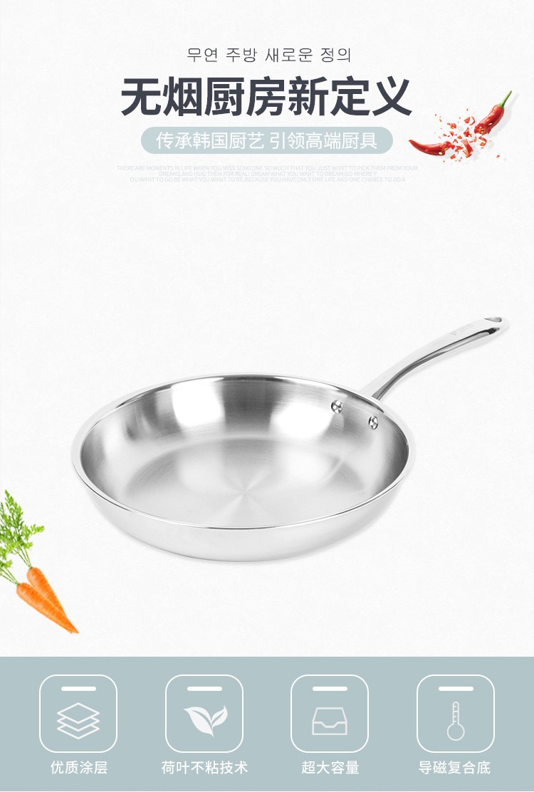 HX Kitchen-art不锈钢三层不锈钢平底不沾不粘煎锅锅