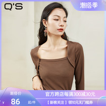 qs stalk 2022 spring new retro square collar cover head T-shirt woman pure color elastic display slim long sleeve short