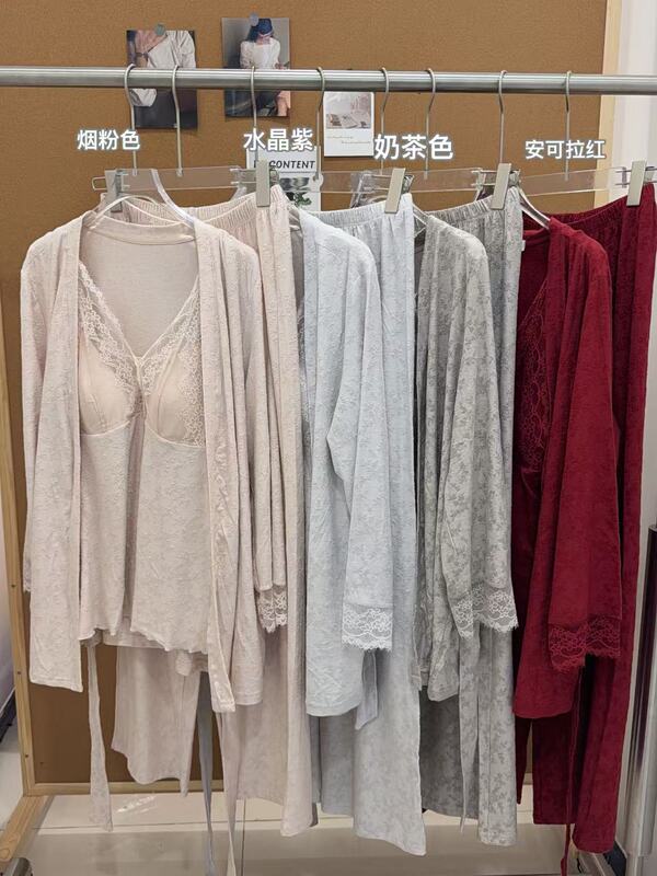 New 8965 Snowflake Embroidered Sexy Pajamas for Women, Three-Piece Set with Camisole and Long Pants, Simple and Comfortable Home Wear Three-Piece Set New 8965 Snowflake Embroidered Sexy Pajamas for Women, Three-Piece Set with Camisole and Long Pants, Simple and Comfortable Home Wear Three-Piece Set
