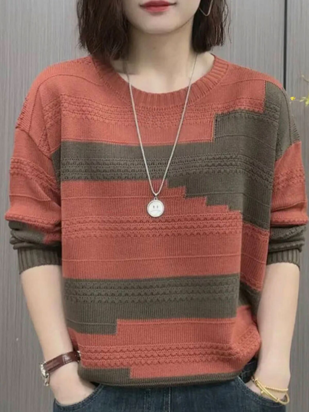圆领拼色针织衫女2024春秋新款洋气减龄小众韩版休闲百搭显瘦上衣