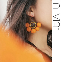 Yellow-orange wool ball earrings sterling silver pin fan-shaped earrings femininity no pierced ear clips vacation invia original