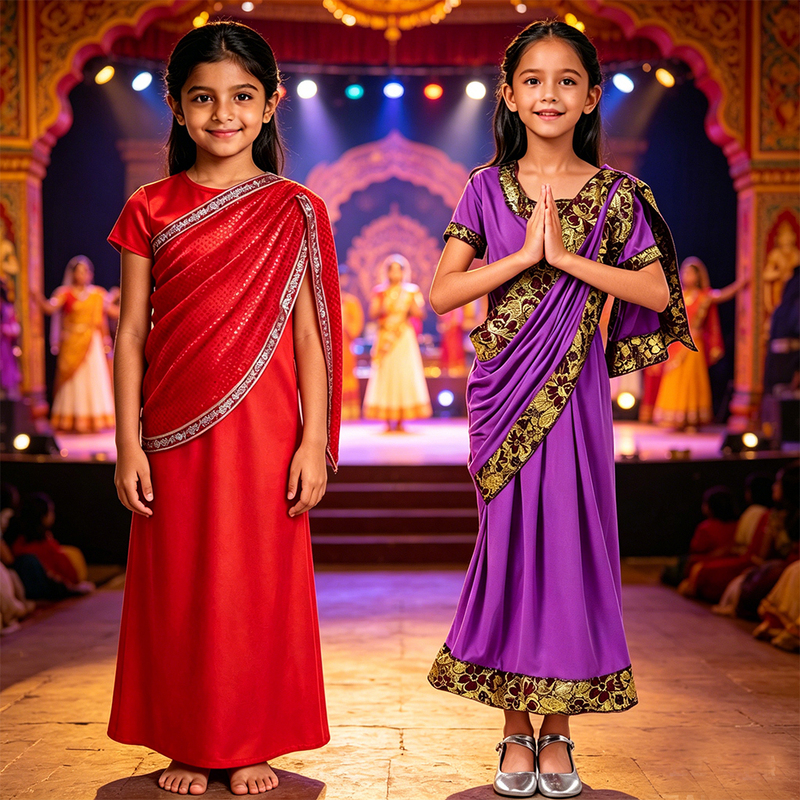 Children's Sari Clothing, Girls' Indian Traditional Clothing, South Asian Characteristic Dance Clothing, Cosplay Party Performance Clothing, Dress