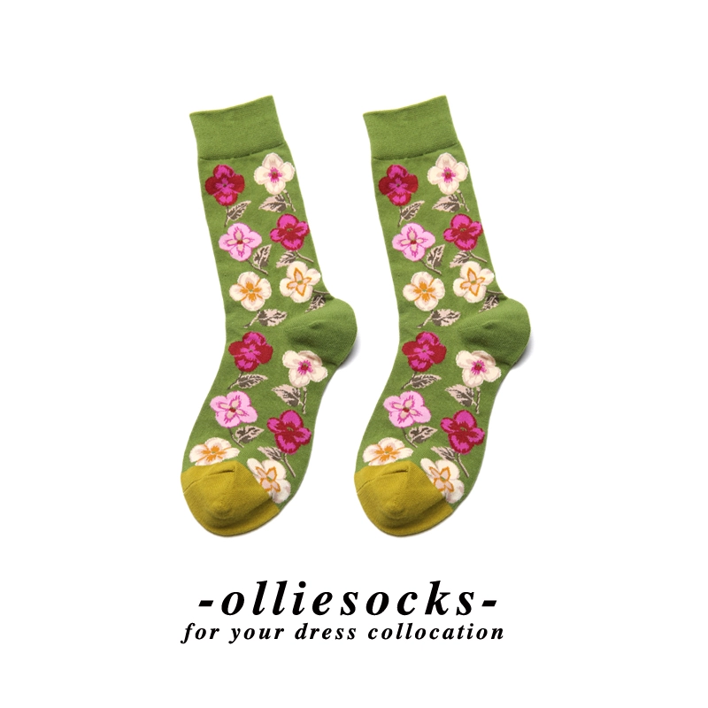 olliesocks phụ nữ màu xanh lá cây hoa trong ống hoa dài tất dài phong cách dân tộc giày trượt ván Nhật Bản Triều Tiên - Vớ sợi tre