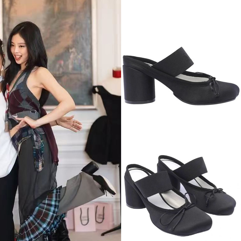 Sheepskin Version~Jennie's Same Style Closed-Toe Half-Slippers for Women, Retro Bow Ballet Shoes, Chunky Heel High-Heeled Sandals