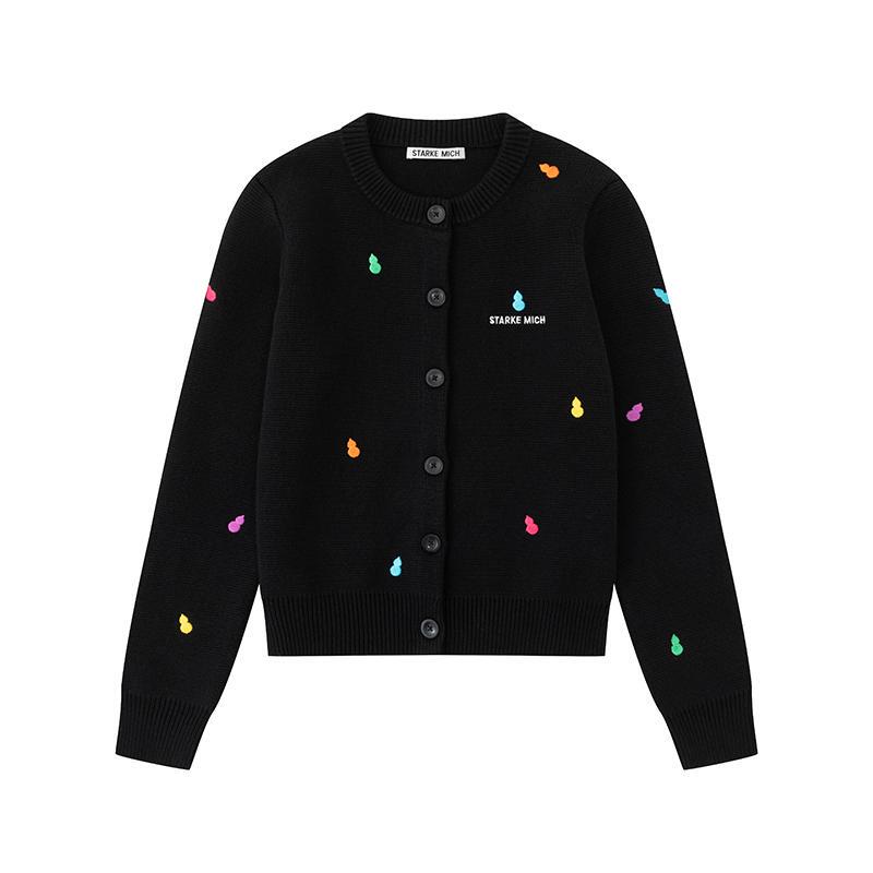 Dong Xuan's Same Style Starke Mich Gourd-Shaped Colorful Embroidered Black Knit Cardigan Sweater Jacket
