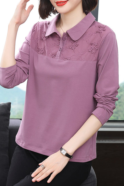 Autumn long-sleeved T-shirt women's fashion splicing polo collar three-dimensional embroidery mother's loose top bottoming shirt collared outer wear