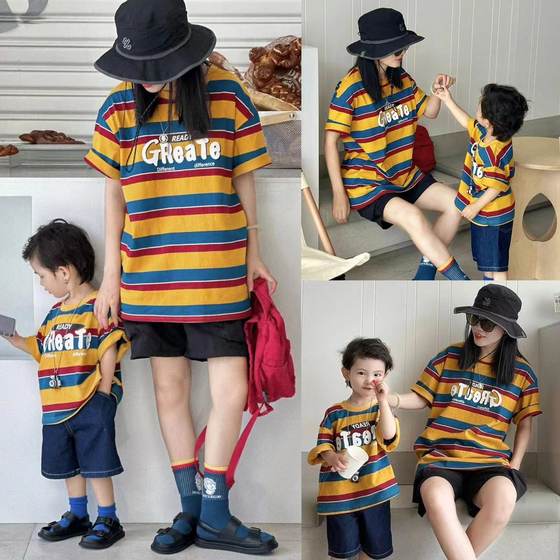 This year's popular parent -child loose striped stripes, contrasting color T -shirts, casual foreign mothers, mother and child, a family of three

