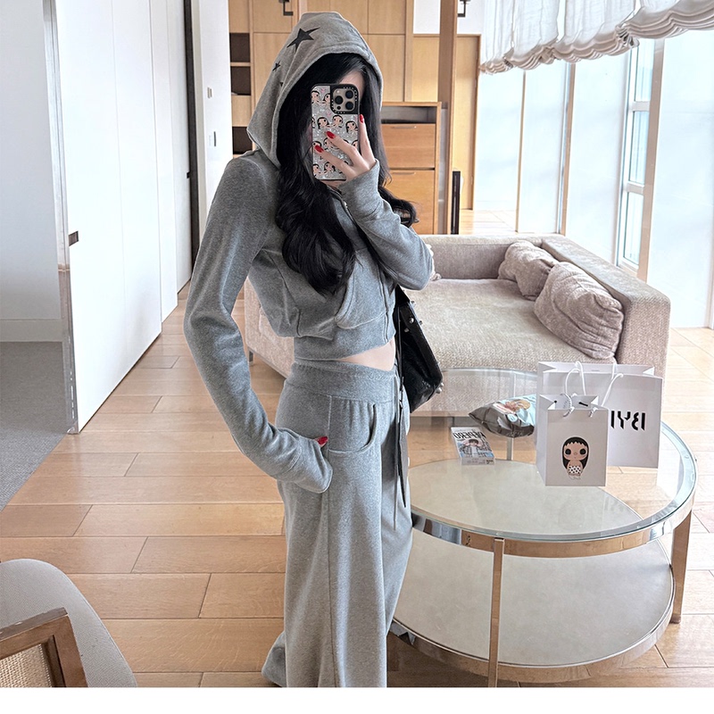 Star Velvet Hooded Sweatshirt Jacket for Women, Autumn and Winter 2026 New Straight-Leg Casual Wide-Leg Pants Two-Piece Women's Suit