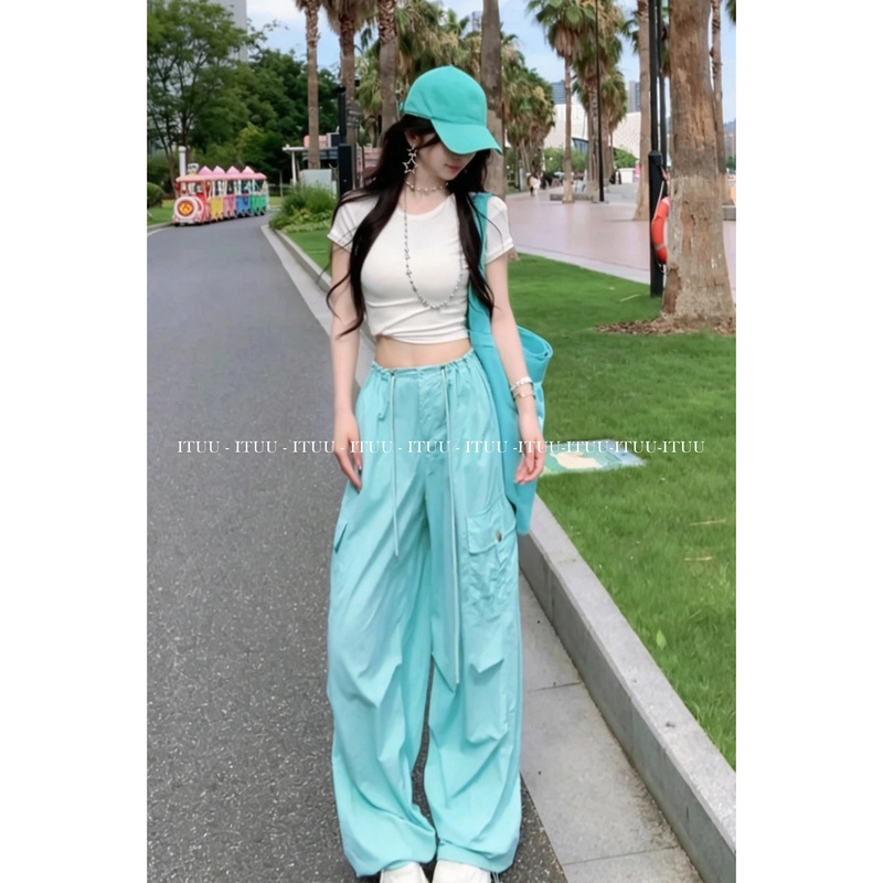 Ituu Mint Green Quick-Drying Cargo Pants for Women, Summer 2026 New Style, Fresh and Simple Women's Pants, Loose Casual Wide-Leg Pants, Thin Ituu Mint Green Quick-Drying Cargo Pants for Women, Summer 2026 New Style, Fresh and Simple Women's Pants, Loose Casual Wide-Leg Pants, Thin