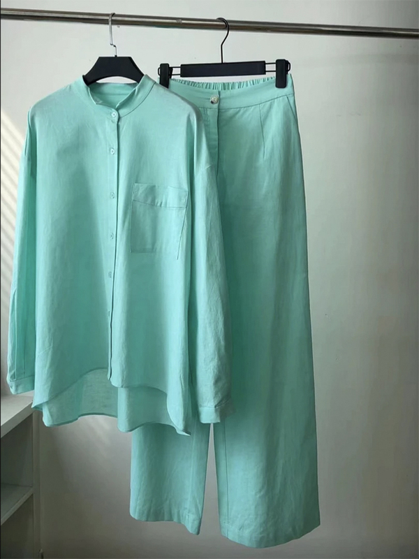 Green Linen Suit 2025 Early Summer New Style Elegant Complete Outfit Shirt Casual Pants Two-Piece Set A75819