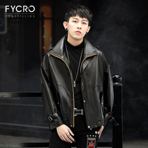 Men's short leather jacket vegetable tanned sheep leather collar slim handsome motorcycle clothing fashion leather coat autumn and winter