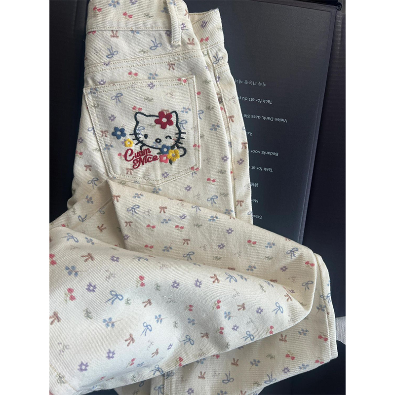 White Kt Cat Embroidered Casual Jeans for Women, 2025 Spring New Vintage Sweet Slimming Floral Straight-Leg Pants White Kt Cat Embroidered Casual Jeans for Women, 2025 Spring New Vintage Sweet Slimming Floral Straight-Leg Pants