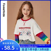 Girls contrast color fake two-piece fashion T-shirt autumn new rainbow sleeve bottoming shirt medium and large childrens printed top clothes