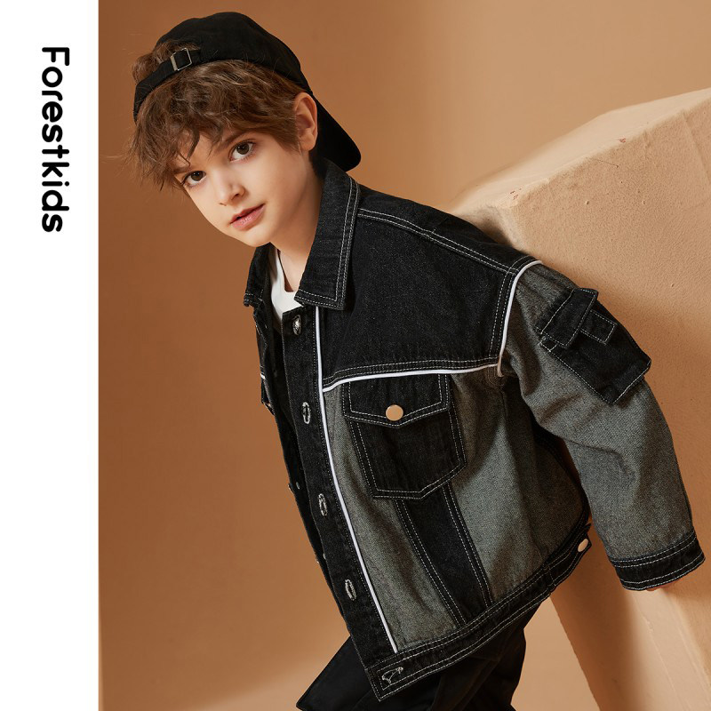 Boys' wear foreign-style denim stitching jacket 2021 spring and autumn season middle and big children casual jacket jacket handsome tide
