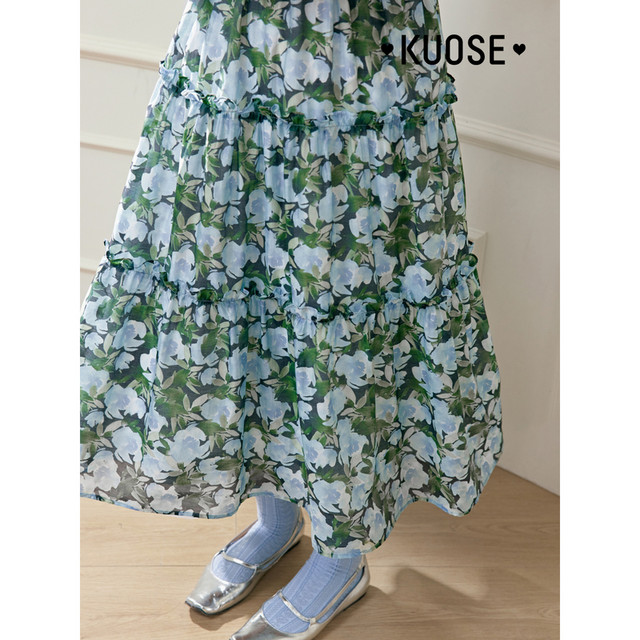 dress tencel floral ສີຂຽວກວ້າງສໍາລັບແມ່ຍິງ 2024 ພາກຮຽນ spring ແລະ summer ຮູບແບບໃຫມ່ ruffled chiffon ເສື້ອຢືດບາງໆ