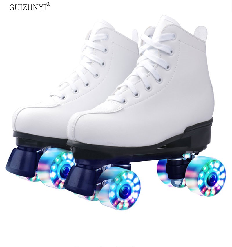 White Leather Adults Double Rows Of Ice Skates Children Four Wheels Skating Shoes Adult Men And Women Dry Skates Double-Row Wheel Skates Flash