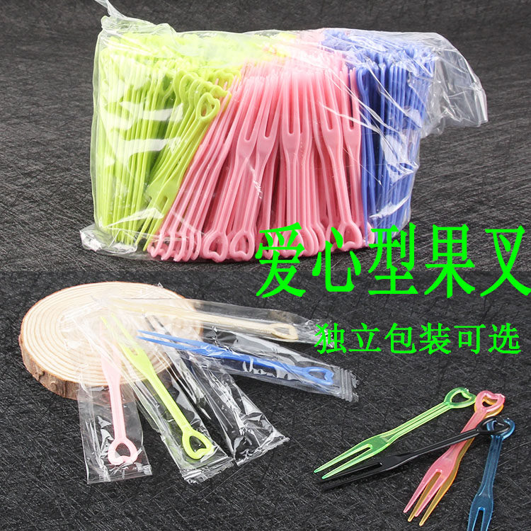 Disposable fruit fork plastic small fruit sign 500 thickened transparent black heart-shaped fork two-tooth fork snack fork