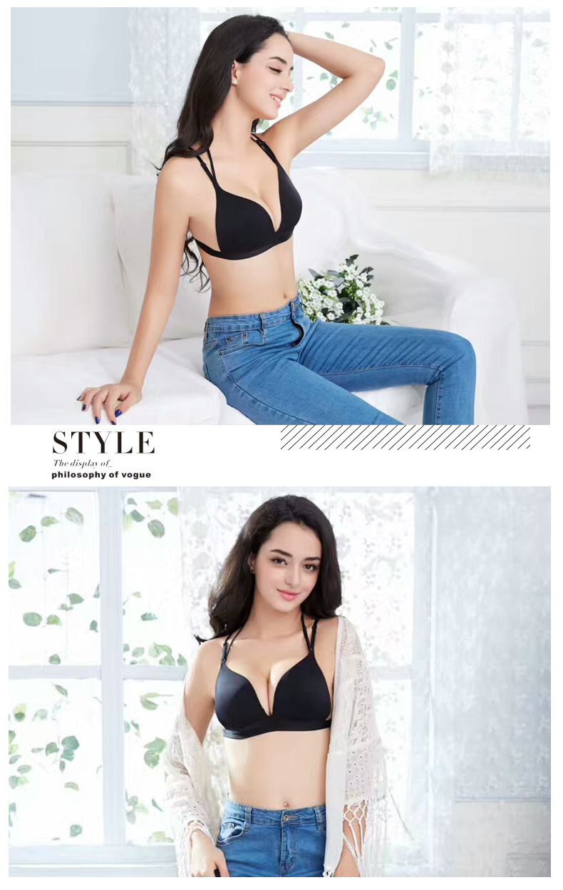 Real shot mới làm đẹp lưng không có vòng thép treo cổ mỏng đeo vai bikini sâu V bra tụ tập đồ lót gợi cảm thoáng khí áo vú
